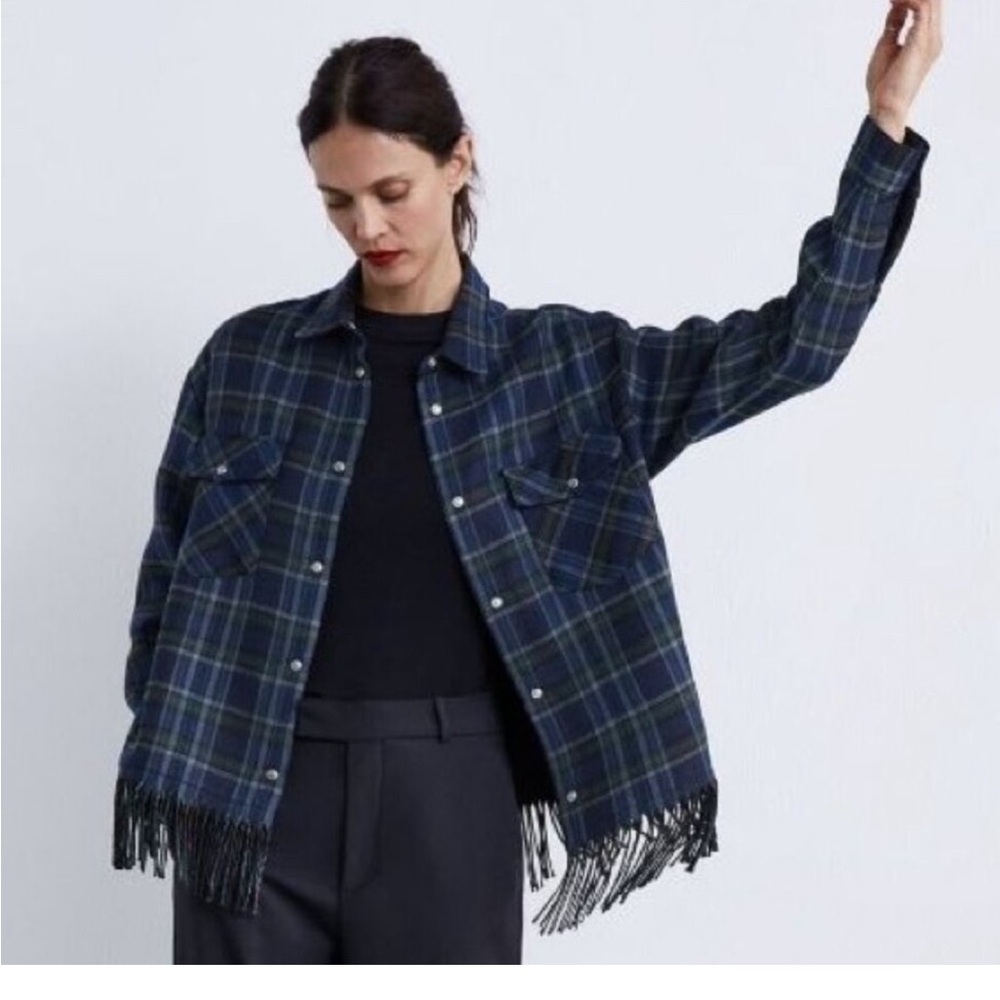 Zara Dark Plaid Fringe Shirt Jacket